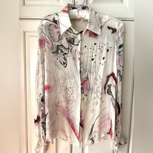 Salvatore Ferragamo silky cotton print blouse women 40 XS pink white black logo